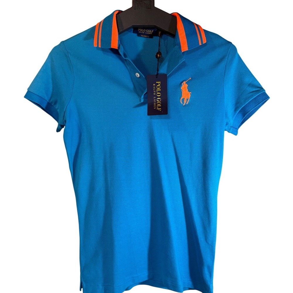 Polo Golf Ralph Lauren Small Bright Blue Neon Orange Tailored Fit Polo Shirt NWT